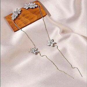 SILVER RHINESTONE FLOWER EAR CUFF THREADER CLIMBER EARRINGS